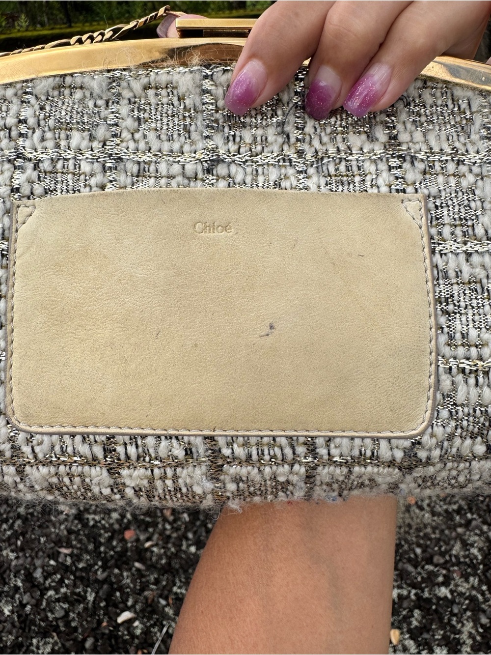 Chloé with COA Tweed Frame Clutch Chain Shoulder Bag Cream Gold Made in Italy - Picture 15 of 17